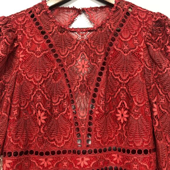 Free People x Saylor Darragh Cutout Pearl Clasps Lace Mini Dress Rose Red Size M - Picture 10 of 14